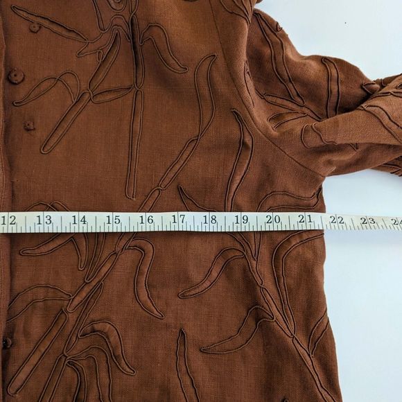 Carmen Marc Valvo Brown Linen Women's 12 Embroidered Snap Front Jacket - Picture 9 of 10